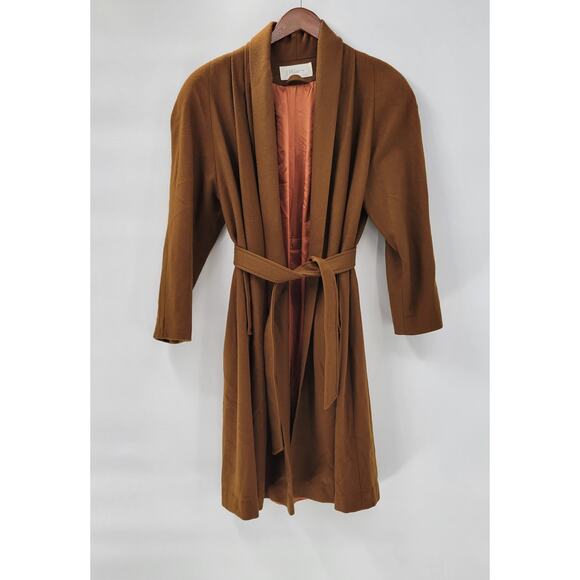 Vintage J. Hilary Wool Coat Womens 4 Belted Camel Brown Long Trench Made in USA - Picture 9 of 16